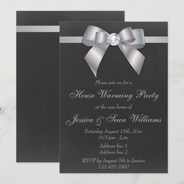 Classy Silver Bow House Warming Party Invitation (Front/Back)