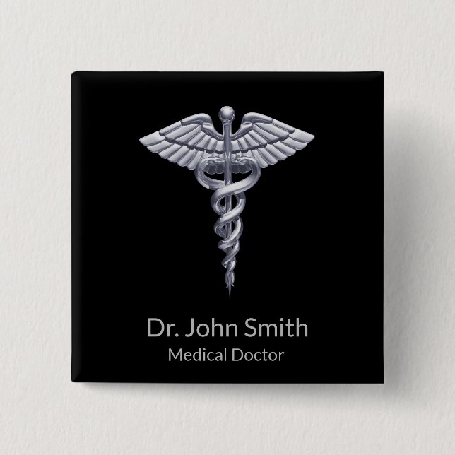 Classy Silver Caduceus Medical on Black 2 Inch Square Button (Front)