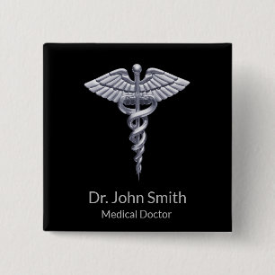 Classy Silver Caduceus Medical on Black 2 Inch Square Button