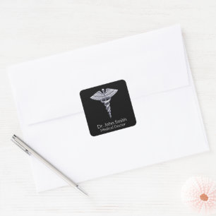 Classy Silver Caduceus on Black Medical Square Sticker