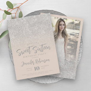 Classy Silver Champagne Glitter Photo Sweet 16 Invitation