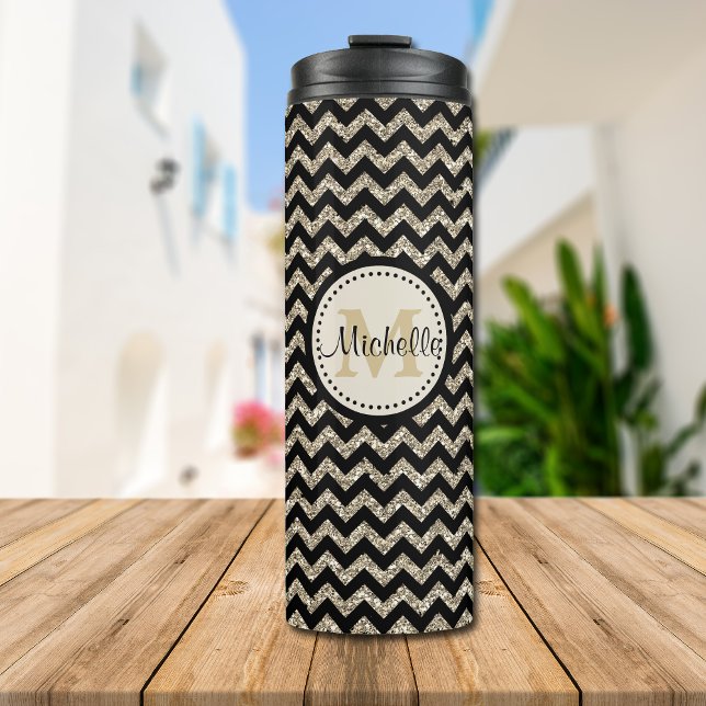 Classy Silver Chevron Gold Monogram Thermal Tumbler (Creator Uploaded)