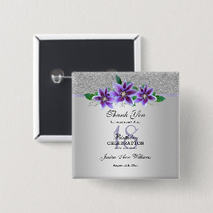 Classy Silver & Clematis Flowers 18th Birthday  2 Inch Square Button
