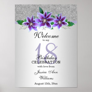 Classy Silver & Clematis Flowers 18th Birthday    Poster