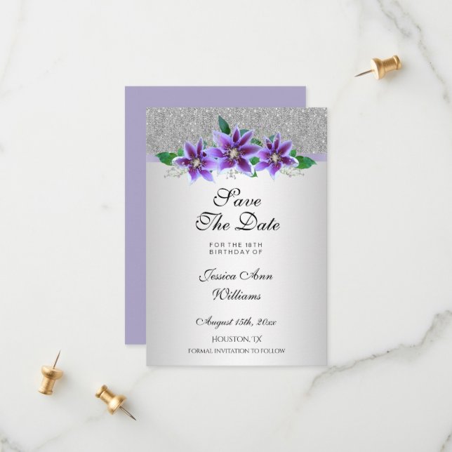 Classy Silver & Clematis Flowers 18th Birthday  Save The Date (Front/Back In Situ)