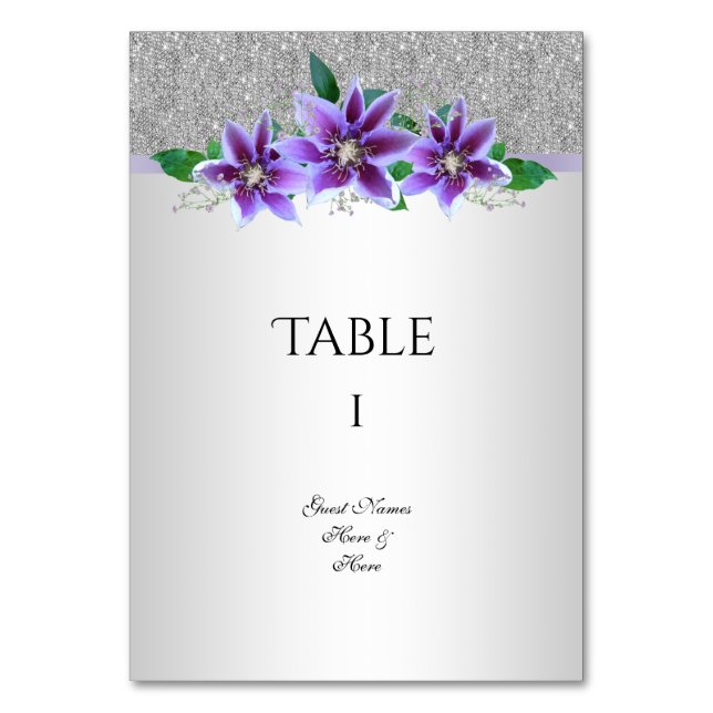 Classy Silver & Clematis Flowers 18th Birthday  Table Number (Front)