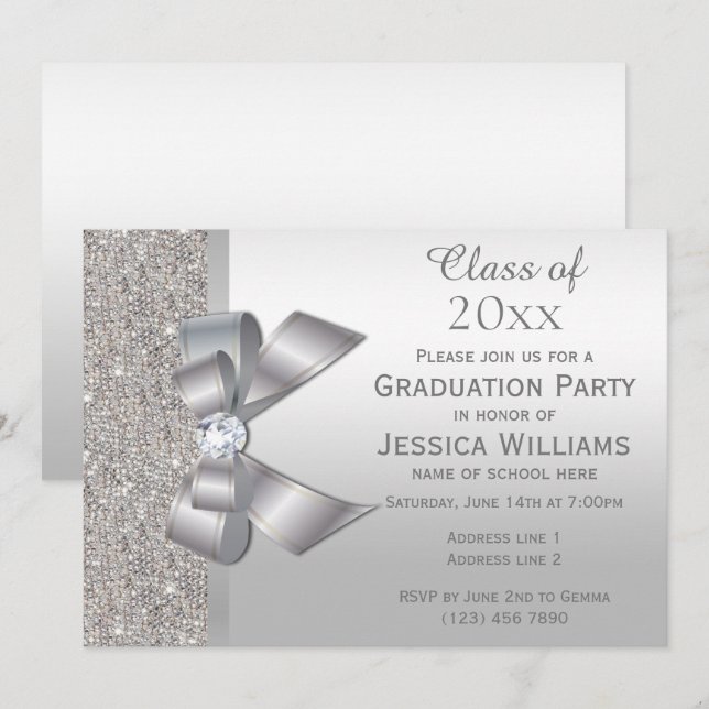 Classy Silver Gem Bow, Silver Sequins Graduation Invitation (Front/Back)