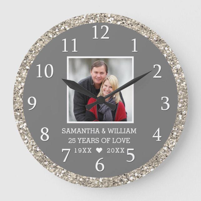 Classy Silver Glitter 25th Anniversary Photo Large Clock (Front)