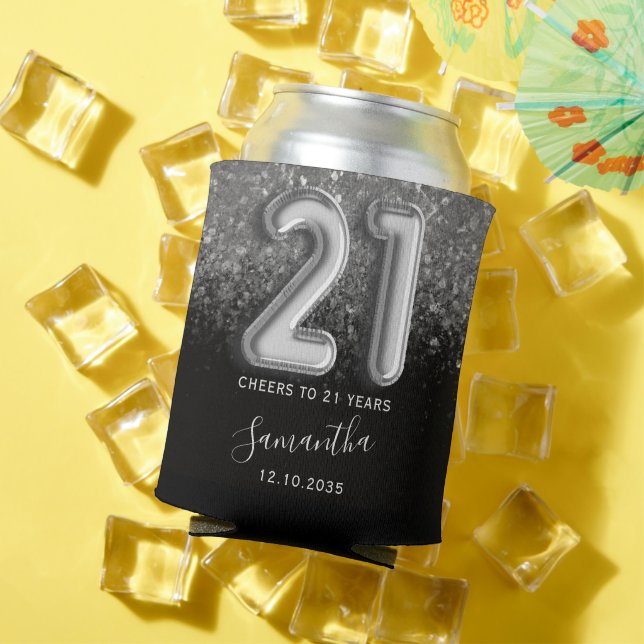 Classy Silver Glitter and Black 21st Birthday Can Cooler (In Situ Summer)