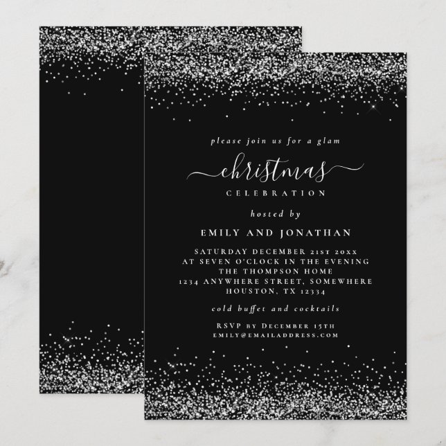 Classy Silver Glitter Black Christmas Party Invitation (Front/Back)
