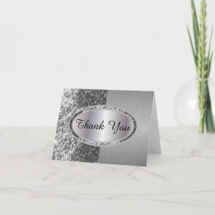 Classy Silver Glitter Brush Steel Metal Look Thank You Card