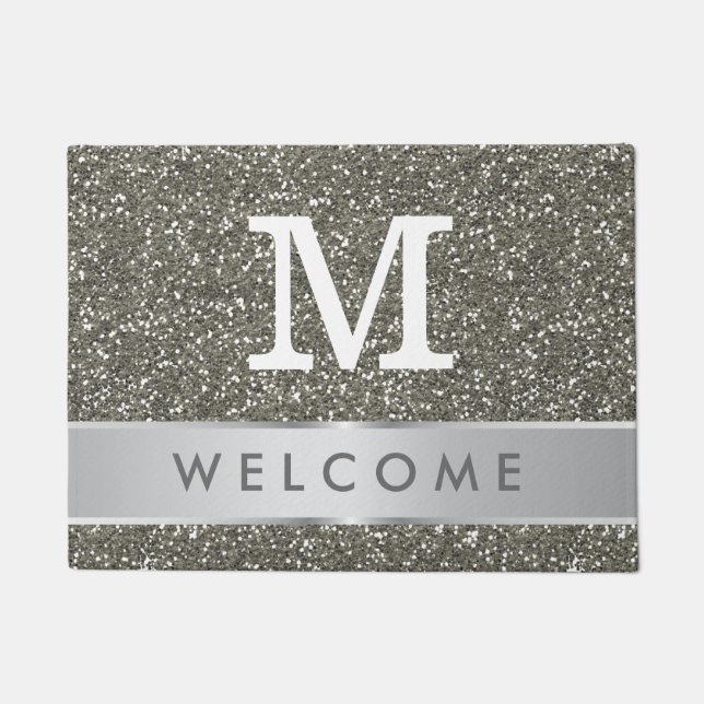 Classy Silver Glitter Look Welcome Monogrammed Doormat (Front)