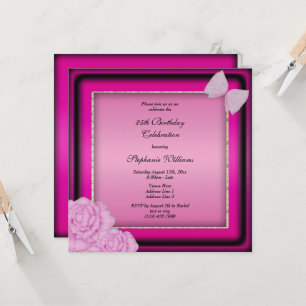 Classy Silver Glitter, Pink Floral & Bow Birthday  Invitation