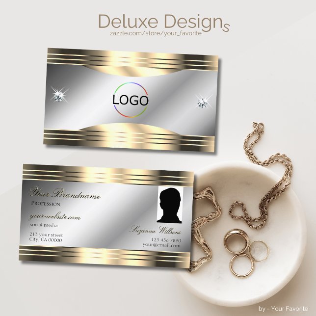 Classy Silver Gold Shiny Diamonds Logo and Photo Business Card (Creator Uploaded)