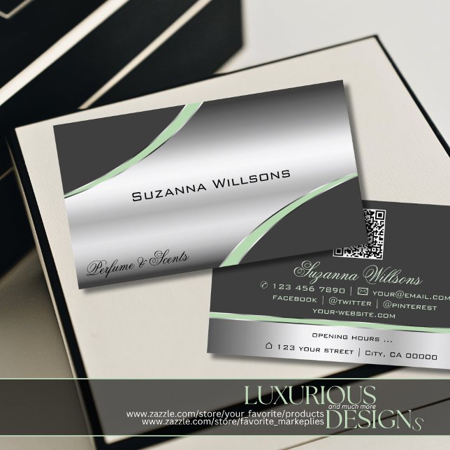 Classy Silver Grey Curved Decor Lines and QR Code Business Card (Creator Uploaded)