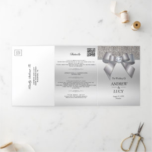 Classy Silver Jewel Gem Bow QR Code Wedding Tri-Fold Invitation