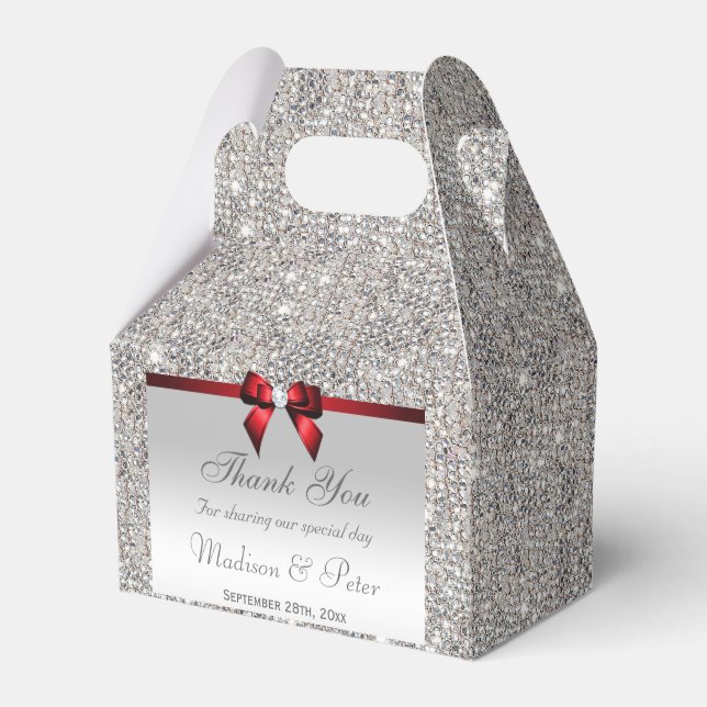 Classy Silver Sequins Red Diamond Bow Favor Box (Front Side)