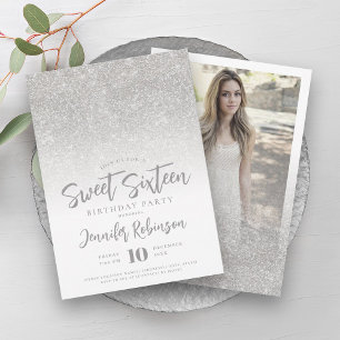 Classy Silver Sparkle Glitter Photo Sweet 16 Invitation