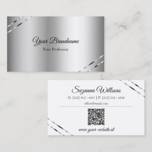 Classy Silver with Shimmery Lines and QR Code Business Card