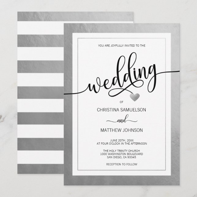 Classy Simple Black & White Heart Silver Wedding Invitation (Front/Back)