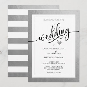 Classy Simple Black & White Heart Silver Wedding Invitation