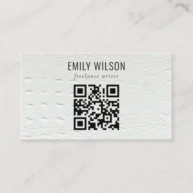 Classy Simple Ivory White Leather Texture QR Code Business Card (Front)