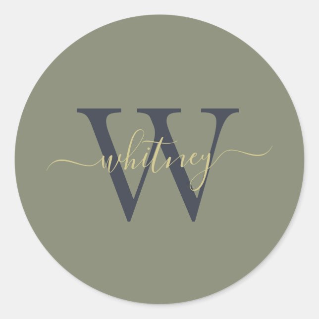 Classy Simple Monogram Name & Initial Olive Green Classic Round Sticker (Front)