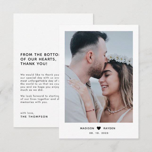 Classy Simple Photo Script with Heart Wedding Thank You Card (Front/Back)