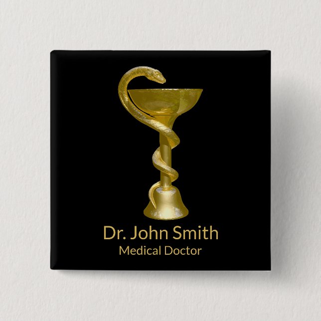 Classy Snake Medical Bowl Hygieia Gold Caduceus 2 Inch Square Button (Front)