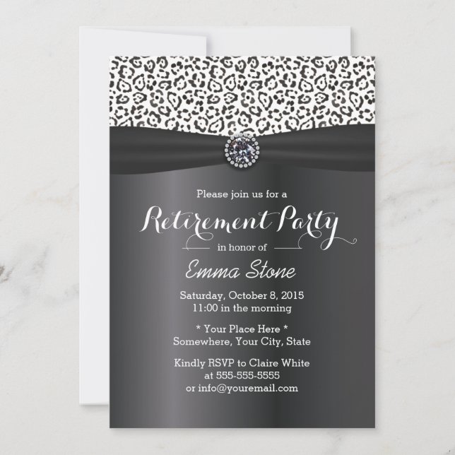 Classy Snow Leopard Print Black Ribbon Retirement Invitation (Front)