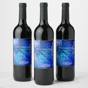 Classy Sparkle Heels Blue Disco Ball Birthday Wine Label