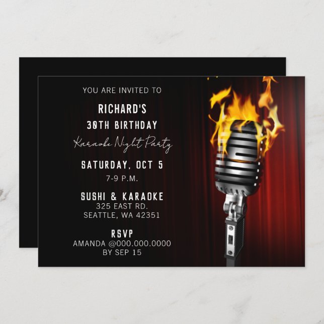 Classy Stage Microphone Adult Karaoke Party Invitation (Front/Back)