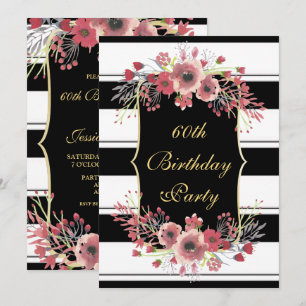 Classy Stripes Floral Watercolor 60th Birthday Invitation