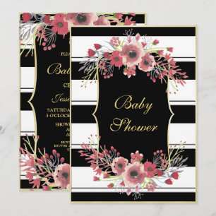 Classy Stripes Floral Watercolor Baby Shower Invitation