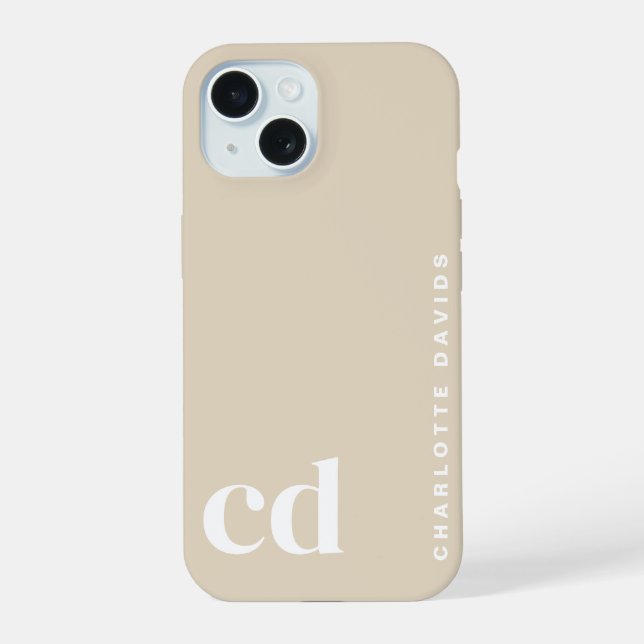 Classy Stylish Beige Monogram iPhone 15 Case (Back)