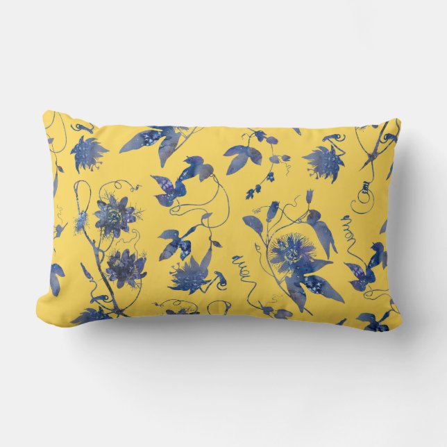 Classy Stylish Elegant Blue Passion Flowers Yellow Lumbar Pillow (Front)