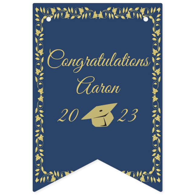 Classy Stylish Gold on Navy Blue Graduation Party Bunting Flags (First Flag)