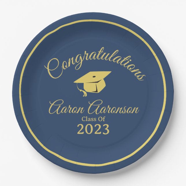 Classy Stylish Gold on Navy Graduation Personalize Paper Plate (Front)