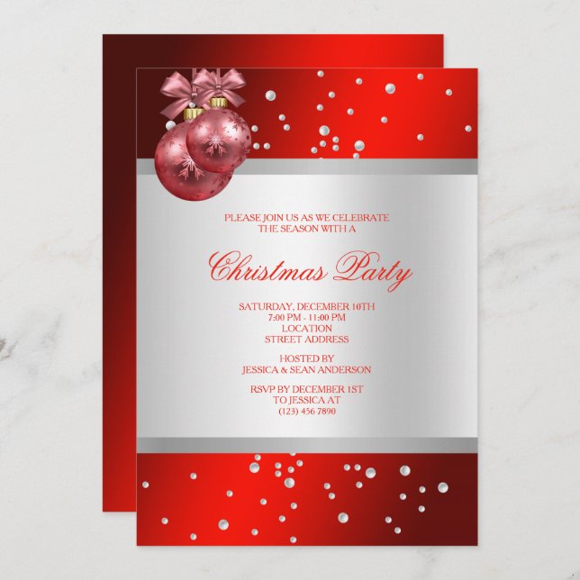 Classy Stylish red Baubles & Pearls Christmas Invitation (Front/Back)