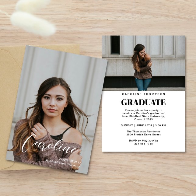 Classy Stylish Script Two Photo Graduation Announcement (Creator Uploaded)