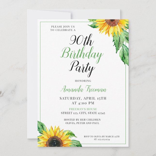 Classy Sunflower 90th Birthday Invitation (Front)