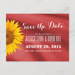 Classy Sunflower Red Fabric Save the Date Announcement Postcard