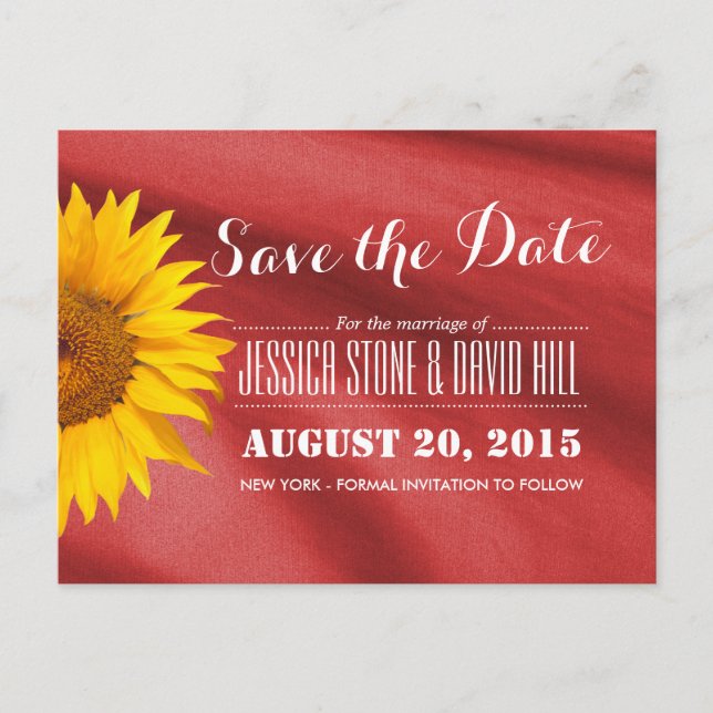 Classy Sunflower Red Fabric Save the Date Announcement Postcard (Front)
