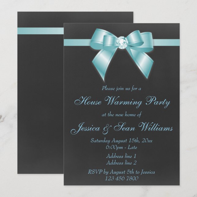 Classy Teal Bow House Warming Party Invitation (Front/Back)