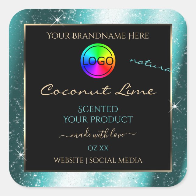 Classy Teal Glitter Frame Product Label with Logo (Front)