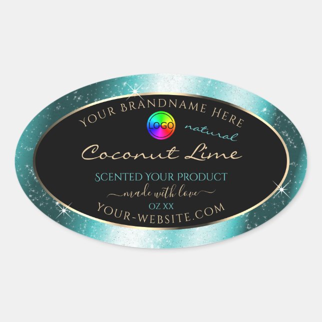 Classy Teal Glitter Frame Product Label with Logo (Front)