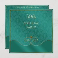 Classy Teal & Gold Swirls, Damask 50th Birthday