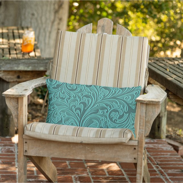 Classy Teal Turquoise Faux Leather Floral Pattern Lumbar Pillow (Chair)