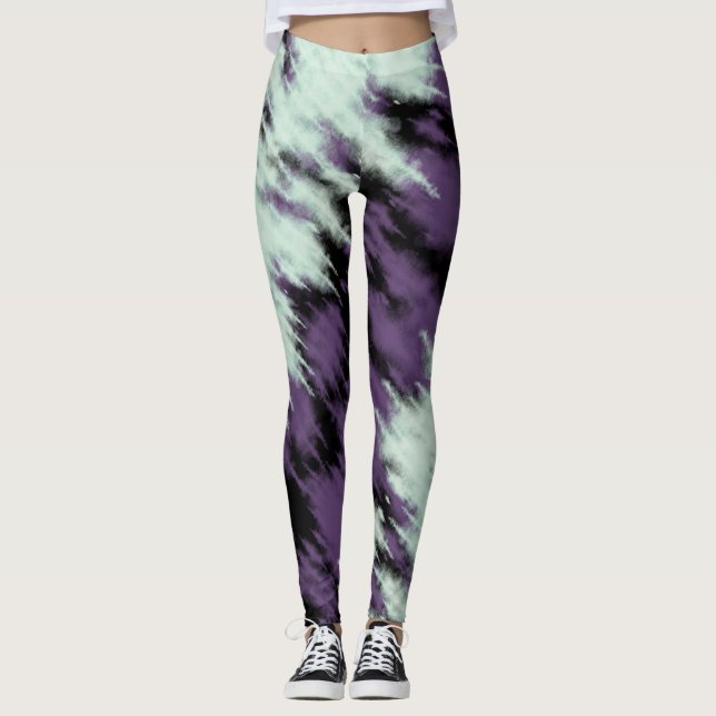Classy Tie Dye Blue Purple Black Abstract Pattern Leggings (Front)