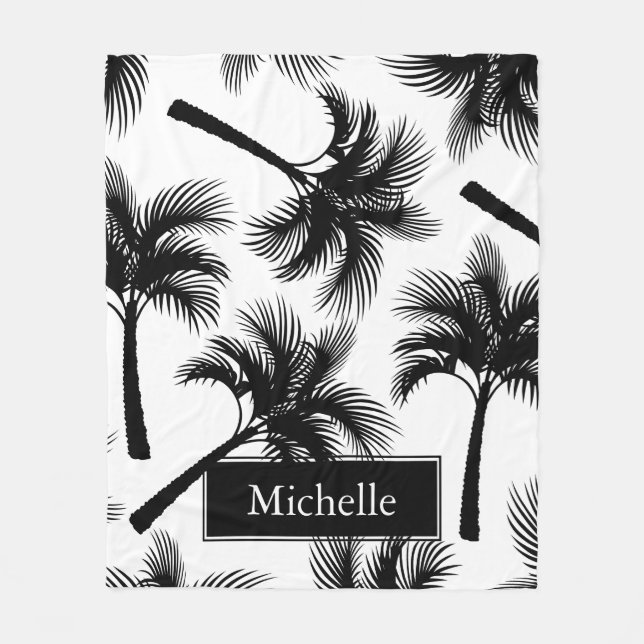 Classy Tropical Black Palm Trees & Name Fleece Blanket (Front)